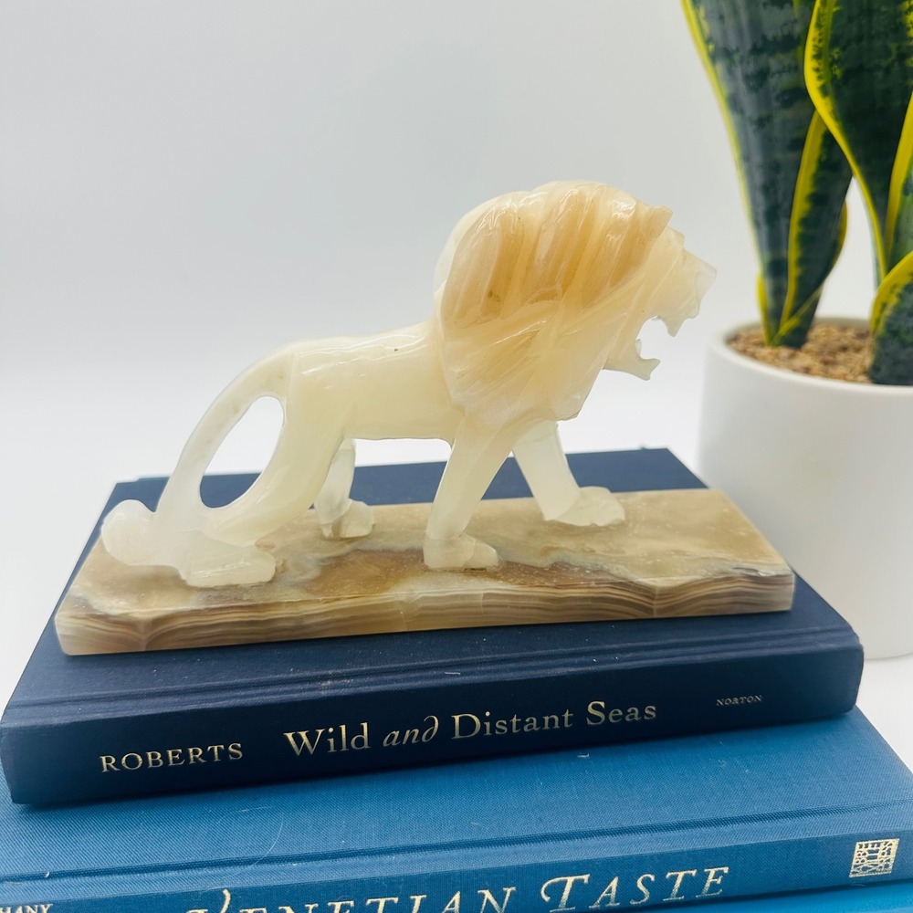 Vintage Hand Carved Onyx Lion Figurine Roaring Stone Sculpture on Base